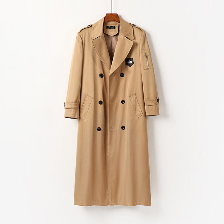 Men's Long Double-Breasted Trench Coat with Epaulettes and Sleeve Pocket Mune Fashion