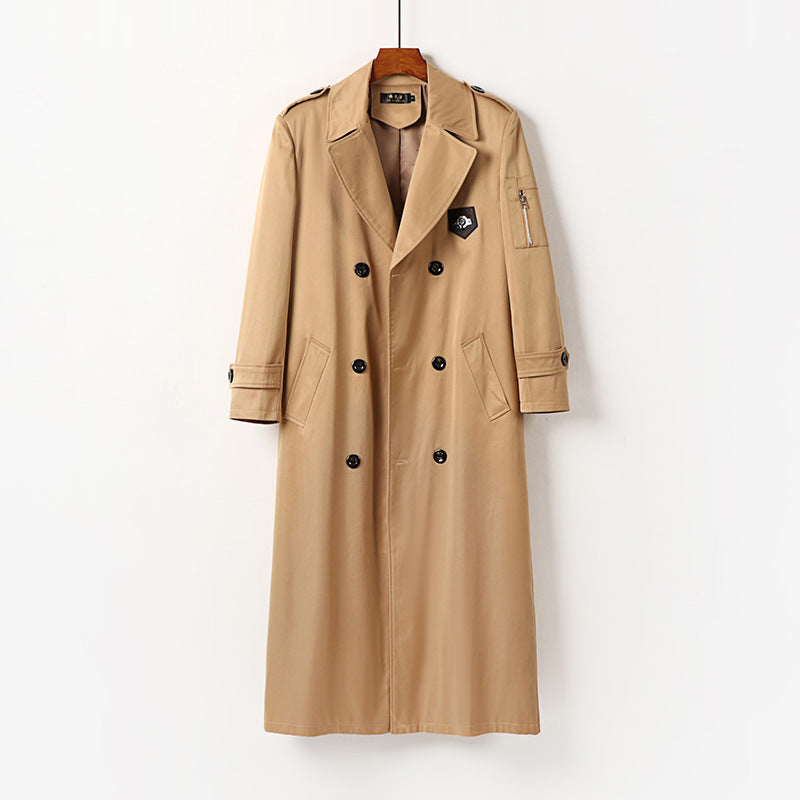 Men's Long Double-Breasted Trench Coat with Belt, Epaulettes and Zipper Sleeve Pocket Mune Fashion