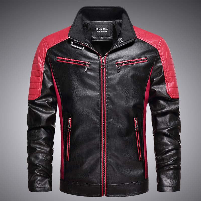 Men's Faux Leather Biker Jacket in Retro Racer Style with Quilted Shoulder Panels and Contrast Trim Mune Fashion