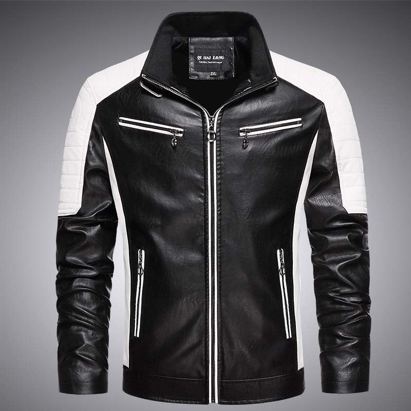 Men's Faux Leather Biker Jacket in Retro Racer Style with Quilted Shoulder Panels and Contrast Trim Mune Fashion