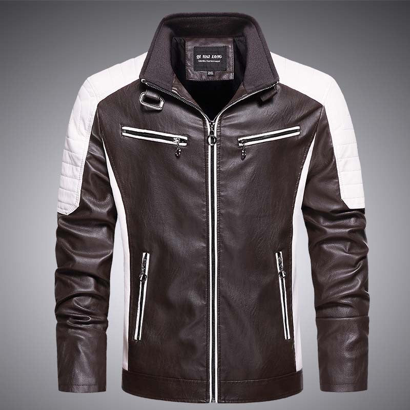 Men's Faux Leather Biker Jacket in Retro Racer Style with Quilted Shoulder Panels and Contrast Trim Mune Fashion