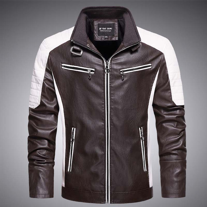 Men's Faux Leather Biker Jacket in Retro Racer Style with Quilted Shoulder Panels and Contrast Trim Mune Fashion