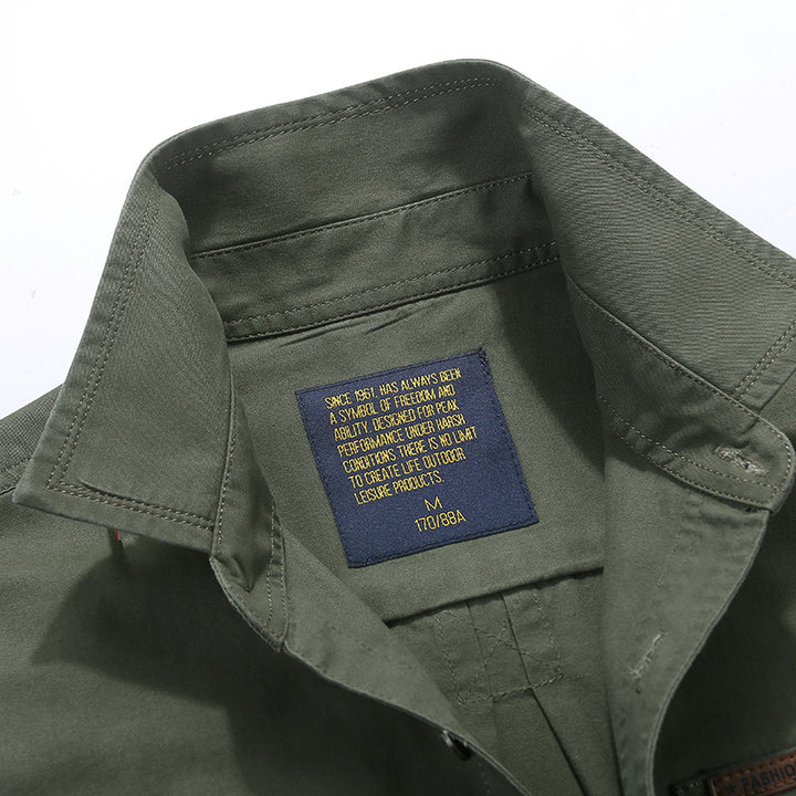 Men's Cotton Utility Shirt with Snap Button Chest Pockets and Stand Collar Mune Fashion