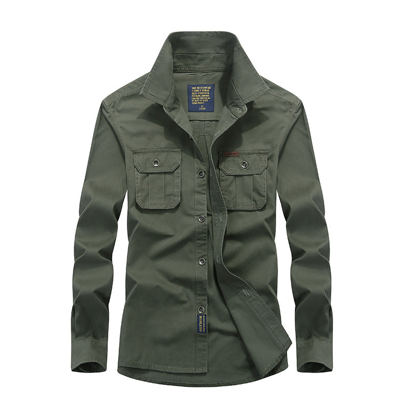 Men's Cotton Utility Shirt with Snap Button Chest Pockets and Stand Collar Mune Fashion