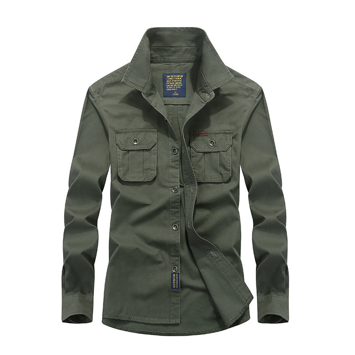 Men's Cotton Utility Shirt with Snap Button Chest Pockets and Stand Collar Mune Fashion