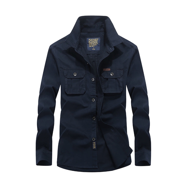 Men's Cotton Utility Shirt with Snap Button Chest Pockets and Stand Collar Mune Fashion