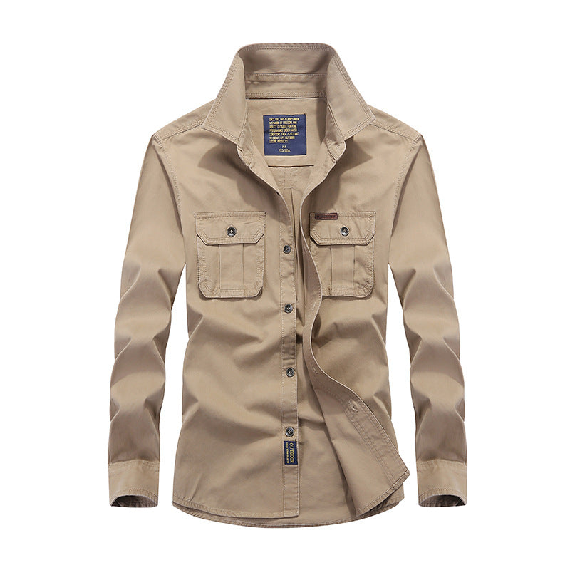 Men's Cotton Utility Shirt with Snap Button Chest Pockets and Stand Collar Mune Fashion