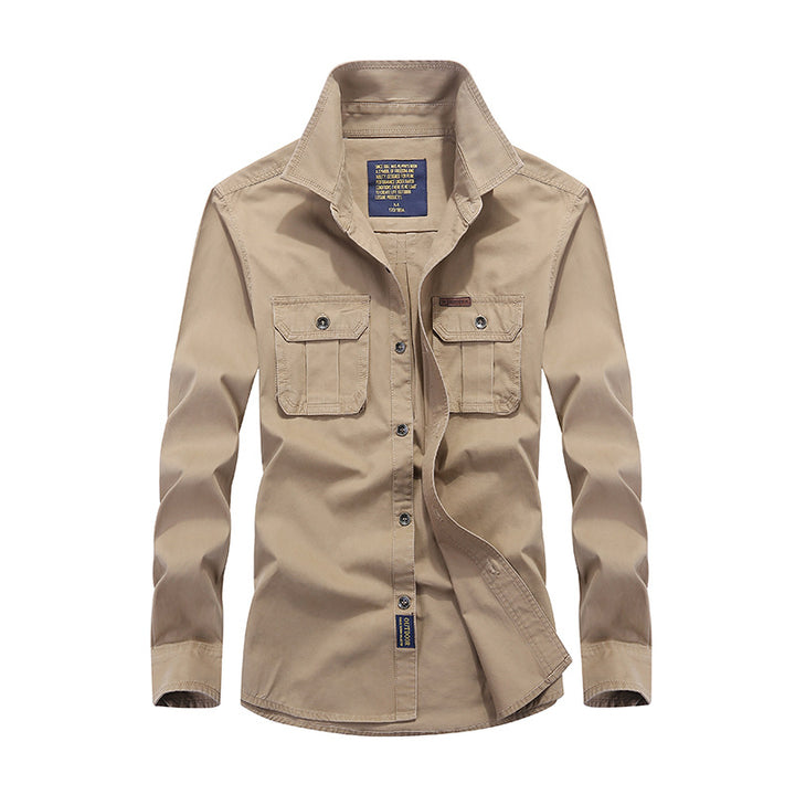 Men's Cotton Utility Shirt with Snap Button Chest Pockets and Stand Collar Mune Fashion