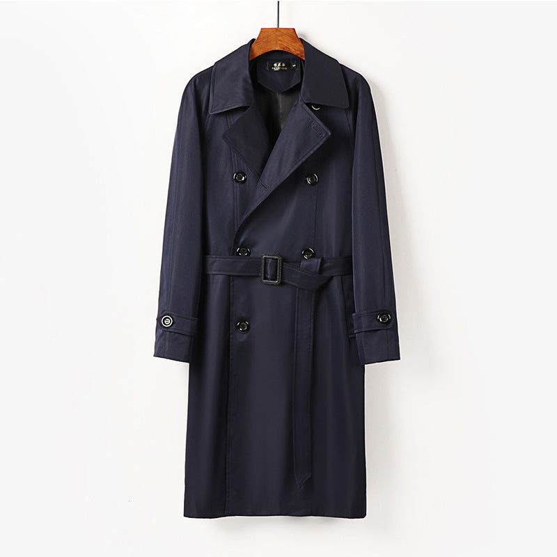 Men Water-Repellent Double-Breasted Trench Coat with Wide Lapels and Knee-Length Mune Fashion