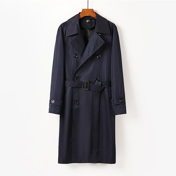 Men Water-Repellent Double-Breasted Trench Coat with Wide Lapels and Knee-Length Mune Fashion