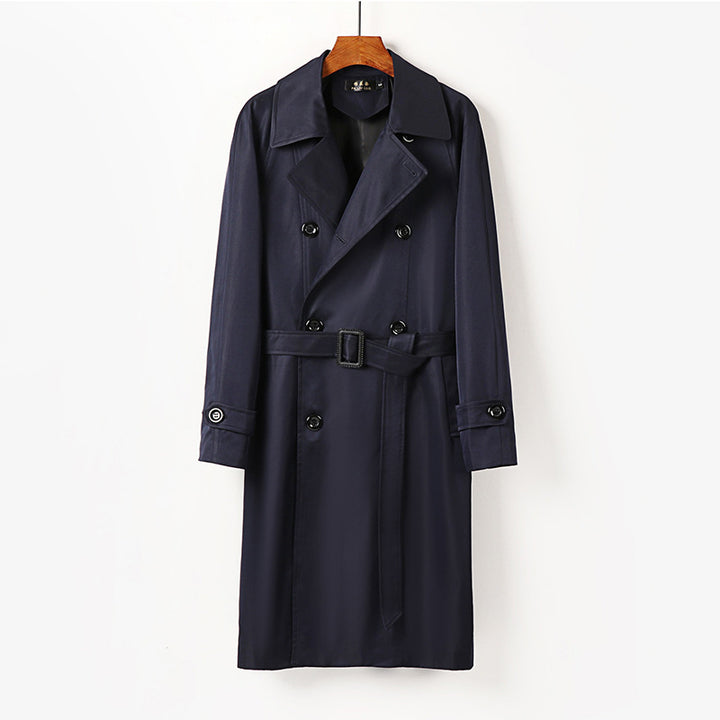 Men Water-Repellent Double-Breasted Trench Coat with Wide Lapels and Knee-Length Mune Fashion