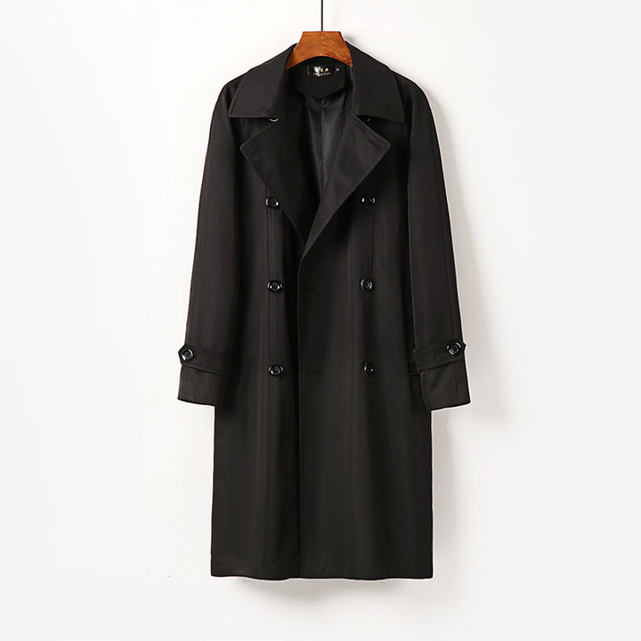 Men Water-Repellent Double-Breasted Trench Coat with Wide Lapels and Knee-Length Mune Fashion