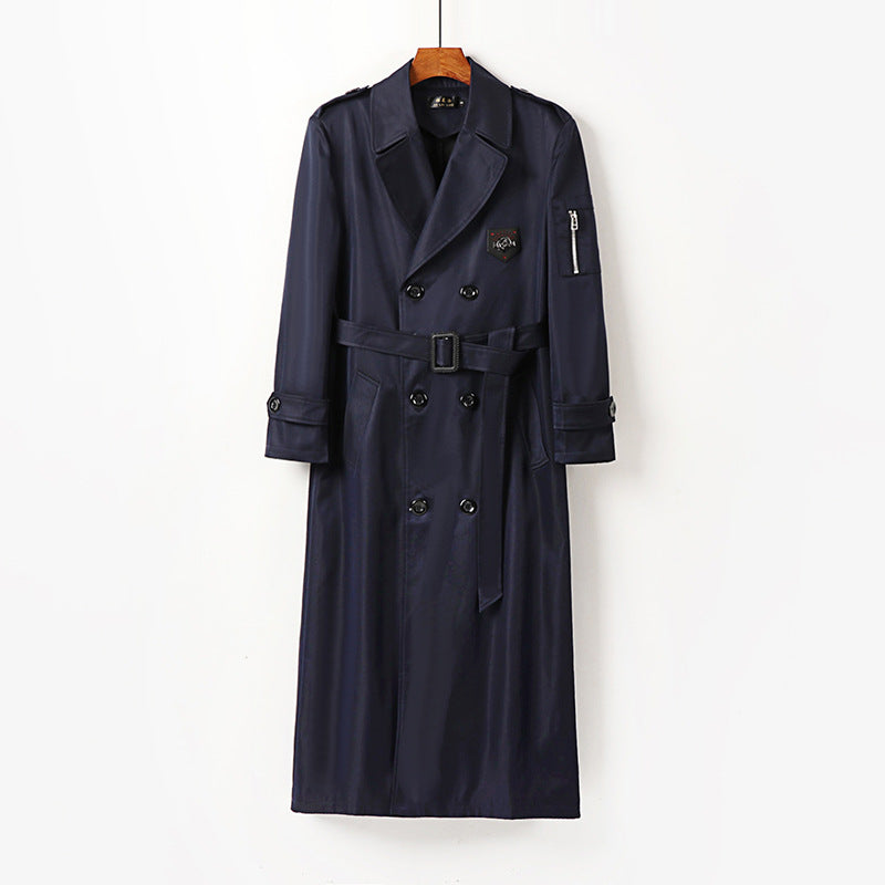 Men's Long Double-Breasted Trench Coat with Belt, Epaulettes and Zipper Sleeve Pocket Mune Fashion