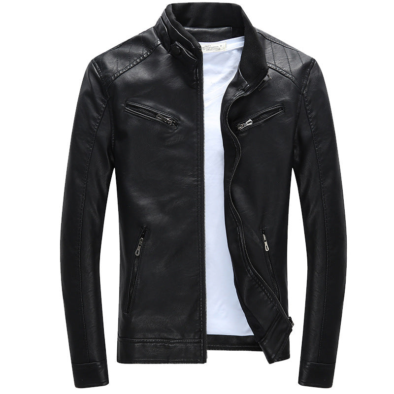 Men's faux leather biker jacket with stand collar, zippered pockets, and slim fit Mune Fashion