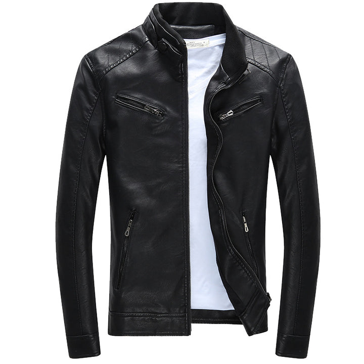 Men's faux leather biker jacket with stand collar, zippered pockets, and slim fit Mune Fashion