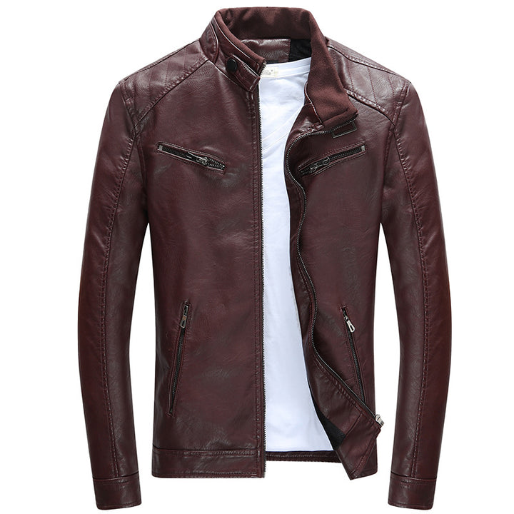 Men's faux leather biker jacket with stand collar, zippered pockets, and slim fit Mune Fashion