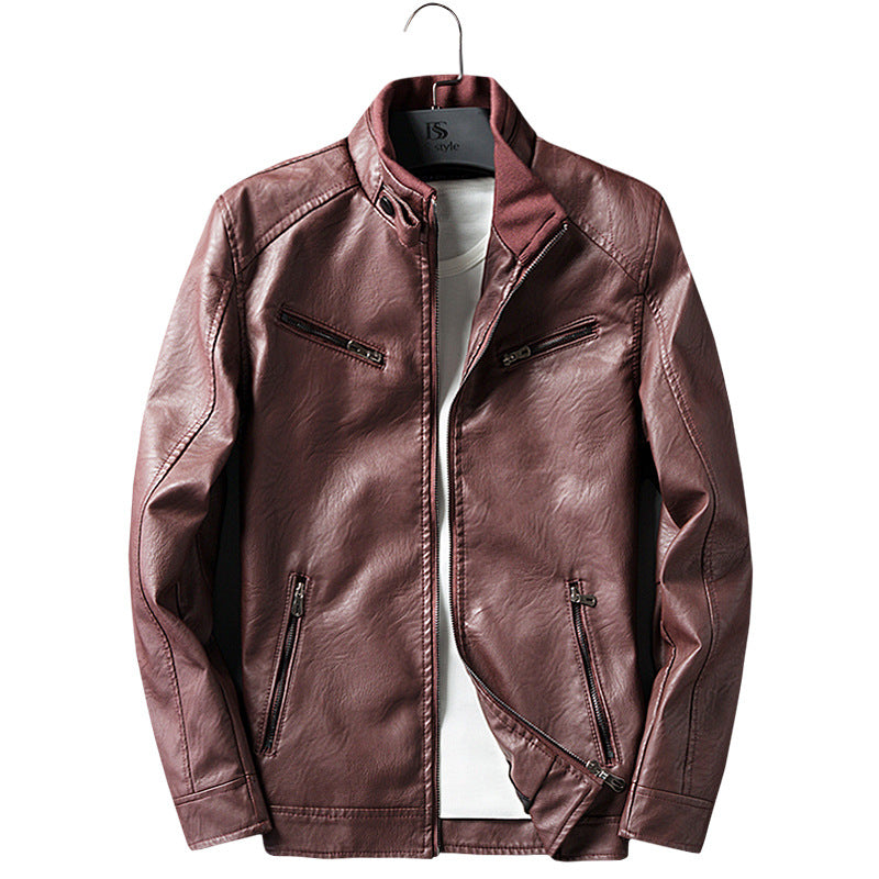 Men's faux leather biker jacket with stand collar, zippered pockets, and slim fit Mune Fashion