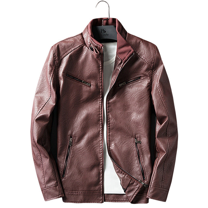 Men's faux leather biker jacket with stand collar, zippered pockets, and slim fit Mune Fashion
