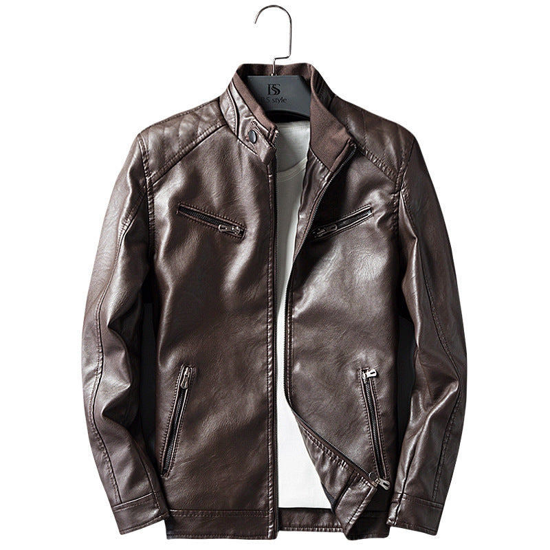 Men's faux leather biker jacket with stand collar, zippered pockets, and slim fit Mune Fashion