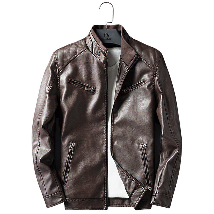 Men's faux leather biker jacket with stand collar, zippered pockets, and slim fit Mune Fashion