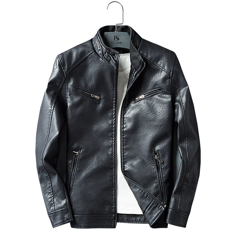 Men's faux leather biker jacket with stand collar, zippered pockets, and slim fit Mune Fashion