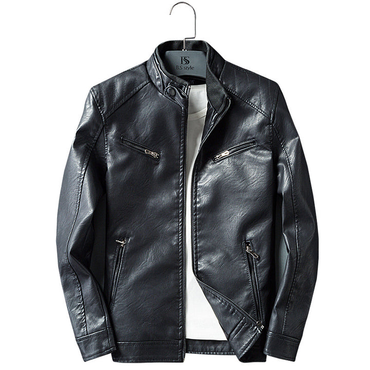 Men's faux leather biker jacket with stand collar, zippered pockets, and slim fit Mune Fashion