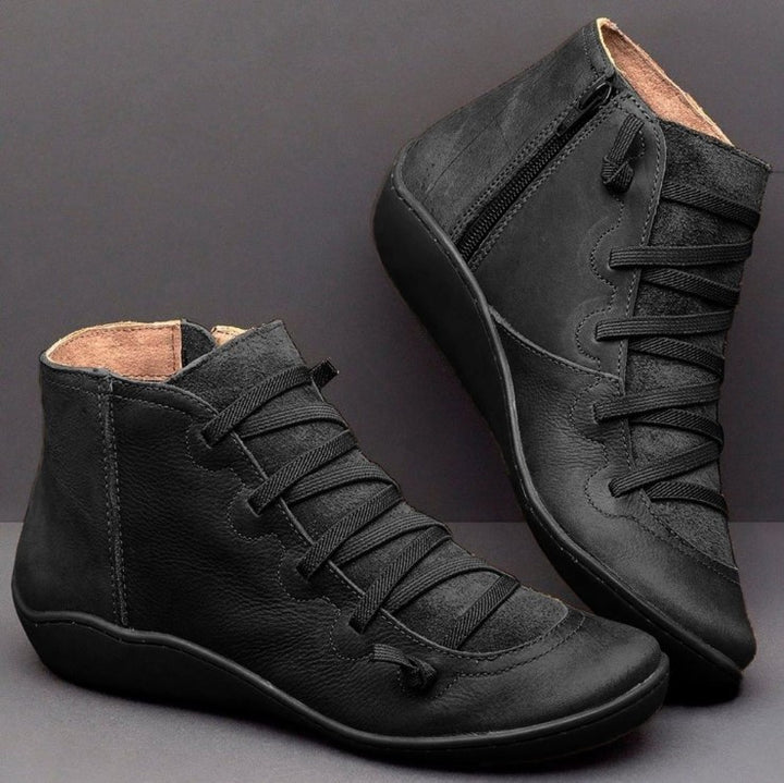 Women's nan comfort ankle boot with elastic decorative lacing, padded insole and side zipper Mune Fashion