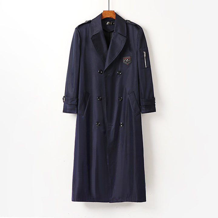 Men's Long Double-Breasted Trench Coat with Belt, Epaulettes and Zipper Sleeve Pocket Mune Fashion