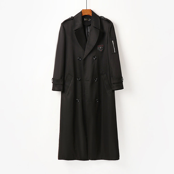Men's Long Double-Breasted Trench Coat with Belt, Epaulettes and Zipper Sleeve Pocket Mune Fashion