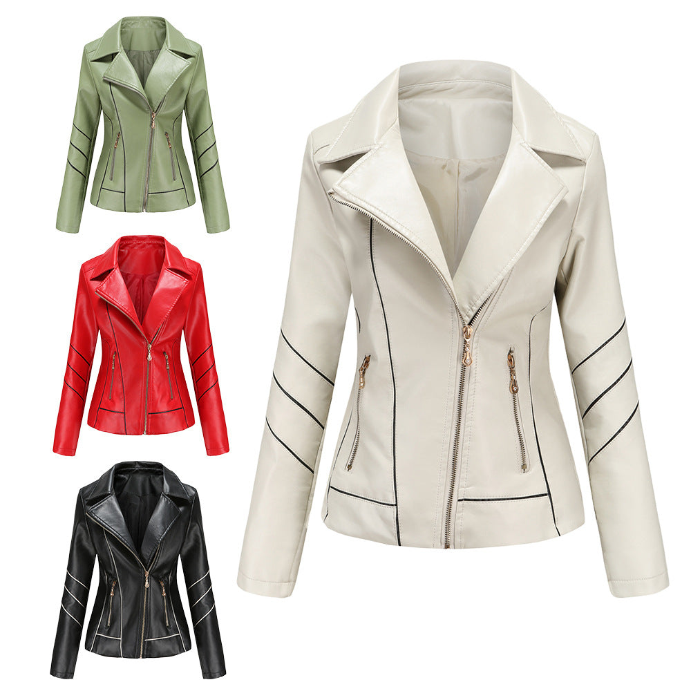Women's tailored faux leather biker jacket with asymmetrical zipper and decorative seams Mune Fashion