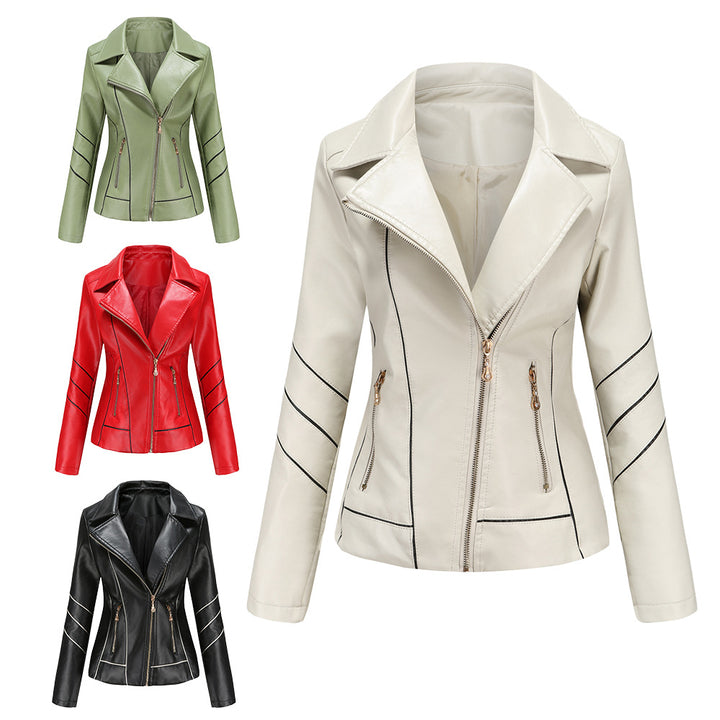 Women's tailored faux leather biker jacket with asymmetrical zipper and decorative seams Mune Fashion