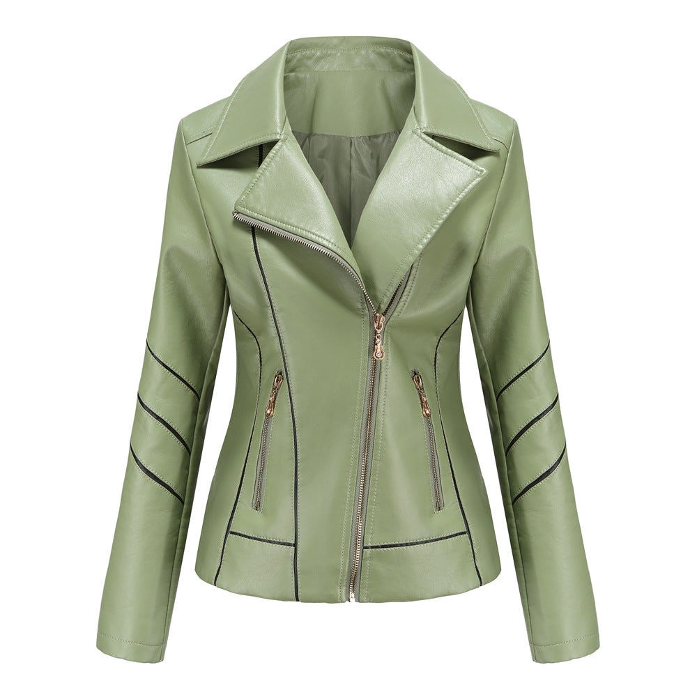 Women's tailored faux leather biker jacket with asymmetrical zipper and decorative seams Mune Fashion