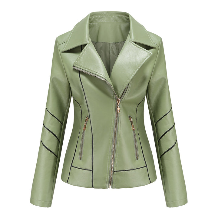Women's tailored faux leather biker jacket with asymmetrical zipper and decorative seams Mune Fashion