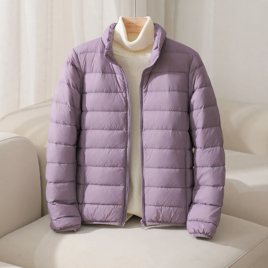 Short, lightweight women's down jacket, stand collar