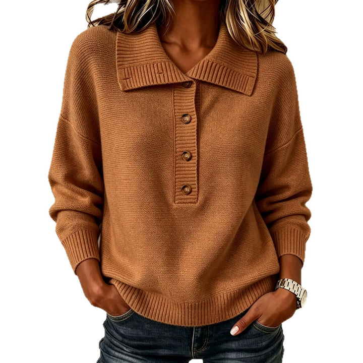 Women's knit sweater with button placket and stand-up collar