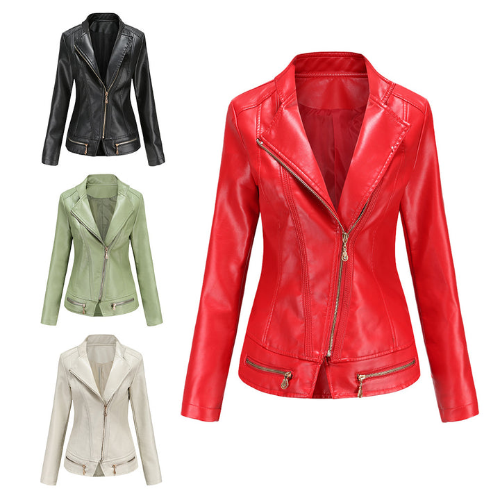 Women's tailored faux leather blazer with diagonal zipper and decorative seams Mune Fashion