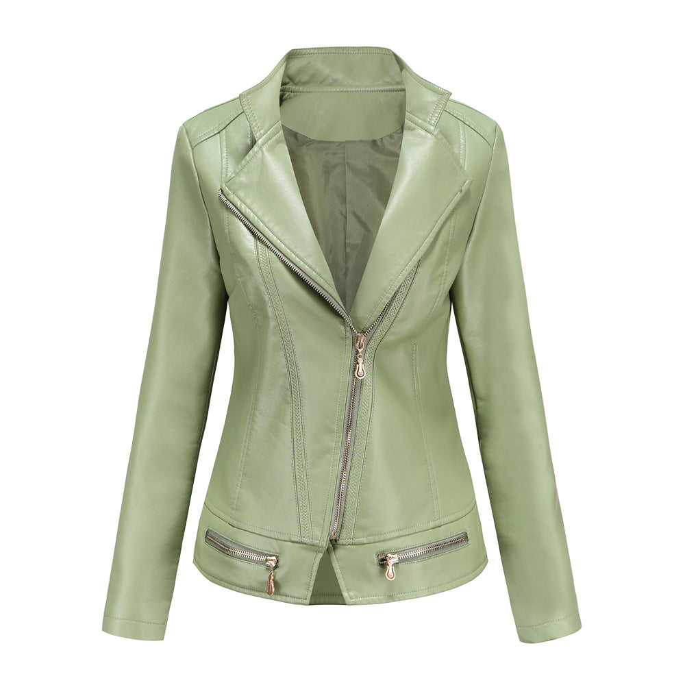 Women's tailored faux leather blazer with diagonal zipper and decorative seams Mune Fashion