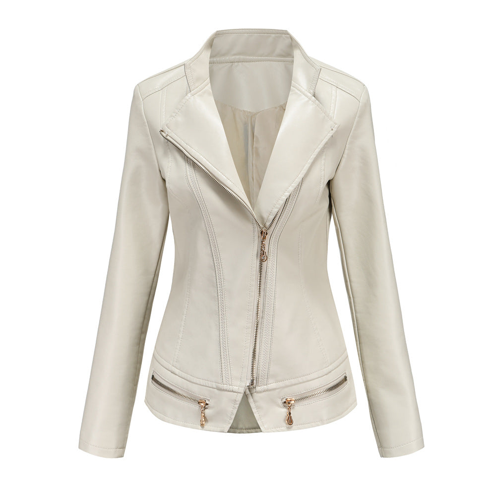 Women's tailored faux leather blazer with diagonal zipper and decorative seams Mune Fashion