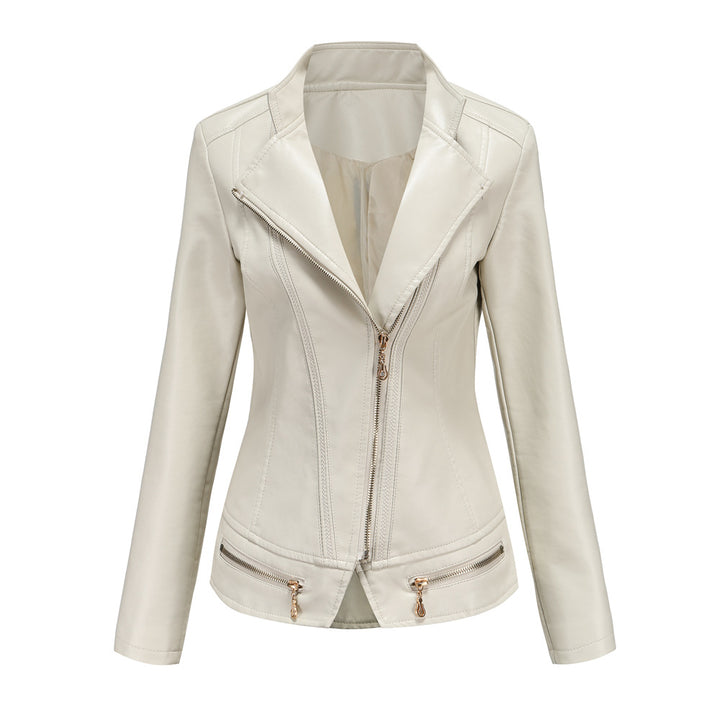 Women's tailored faux leather blazer with diagonal zipper and decorative seams Mune Fashion