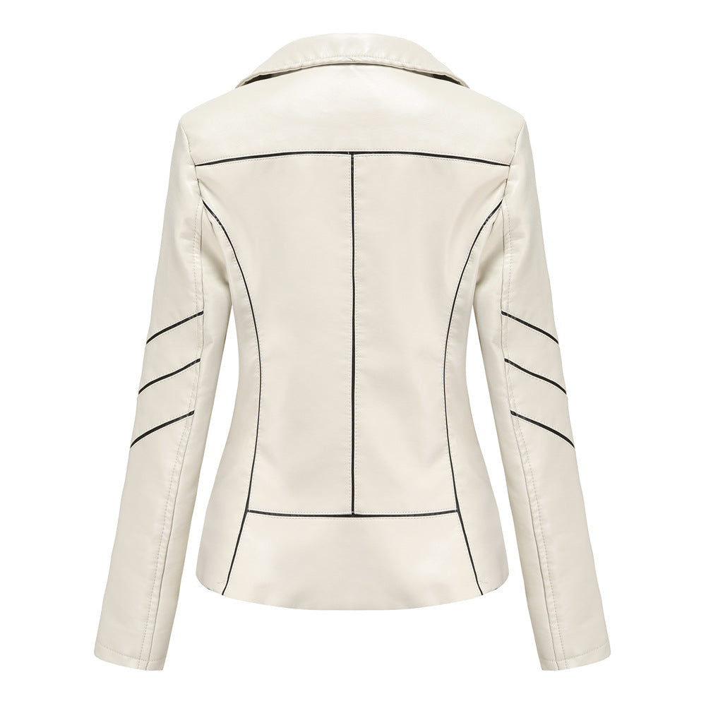 Women's tailored faux leather biker jacket with asymmetrical zipper and decorative seams Mune Fashion