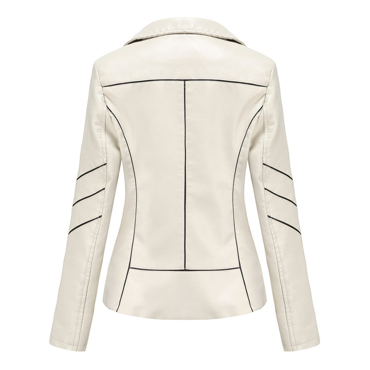 Women's tailored faux leather biker jacket with asymmetrical zipper and decorative seams Mune Fashion