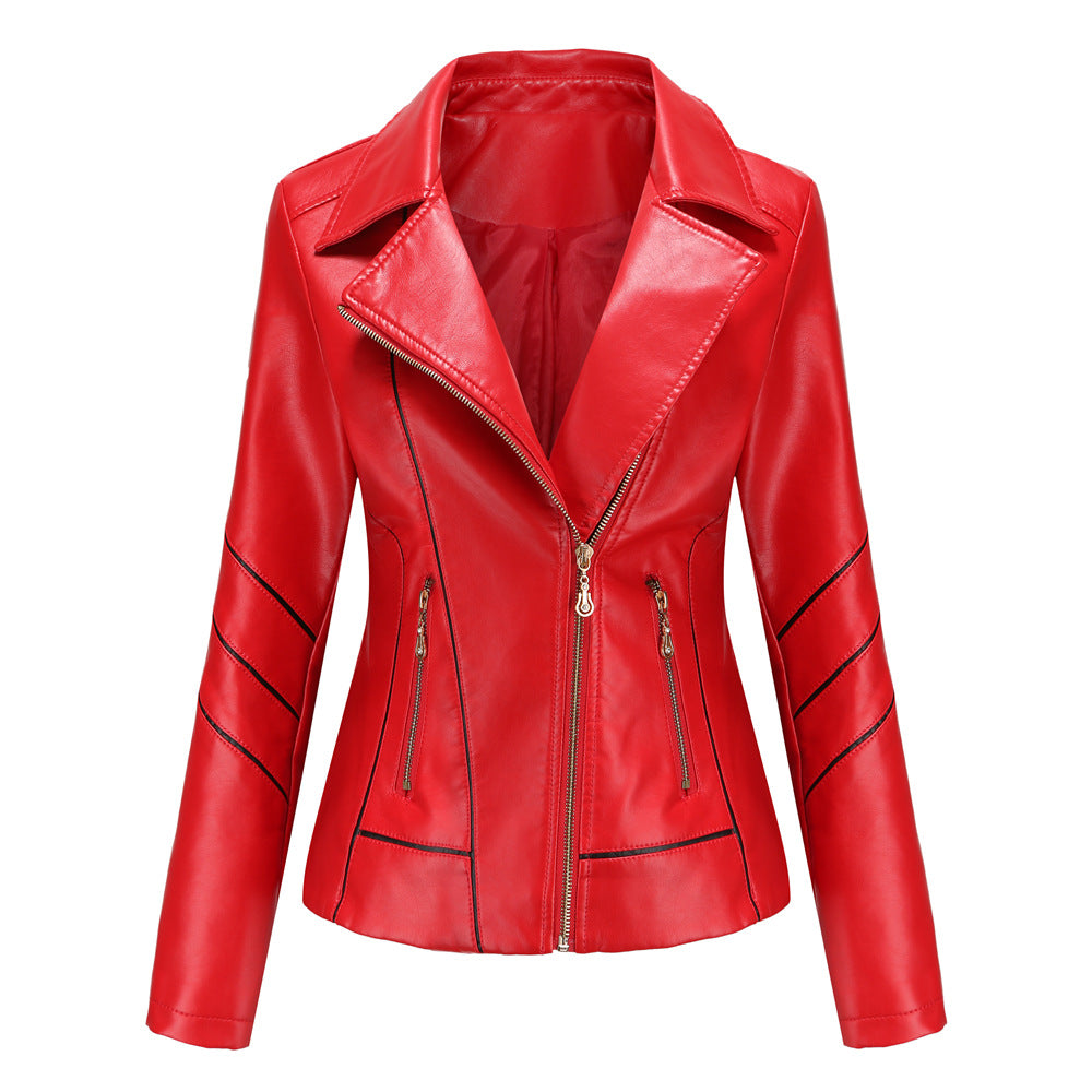 Women's tailored faux leather biker jacket with asymmetrical zipper and decorative seams Mune Fashion