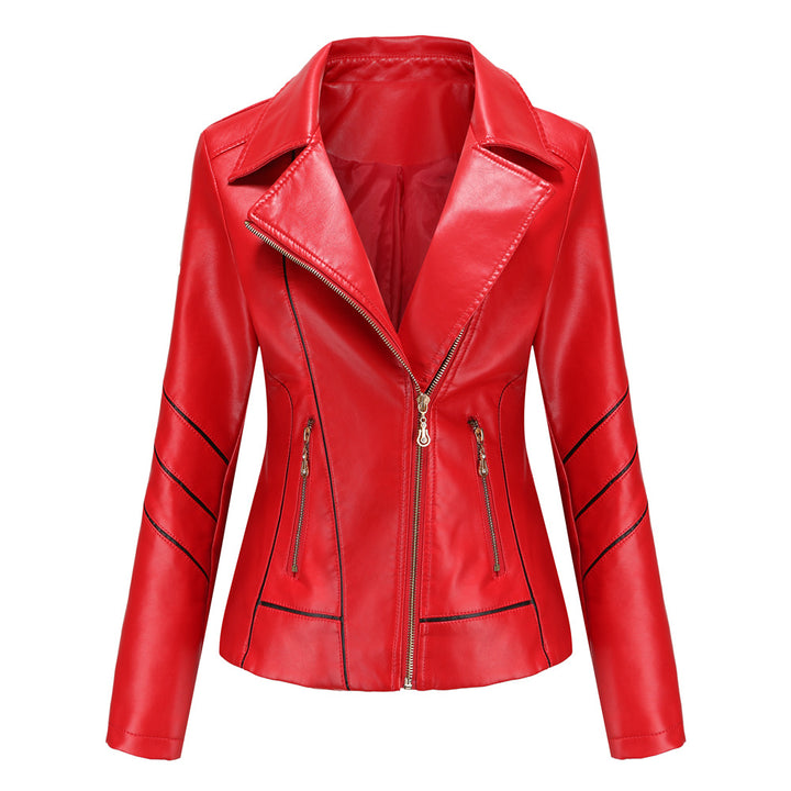 Women's tailored faux leather biker jacket with asymmetrical zipper and decorative seams Mune Fashion