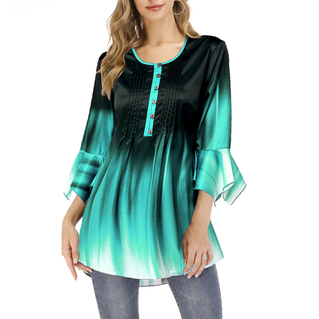 Women's tunic blouse with tucks, slit button placket and bell sleeves Mune Fashion