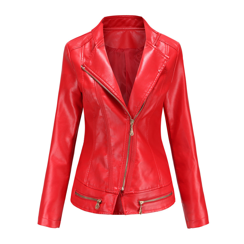 Women's tailored faux leather blazer with diagonal zipper and decorative seams Mune Fashion