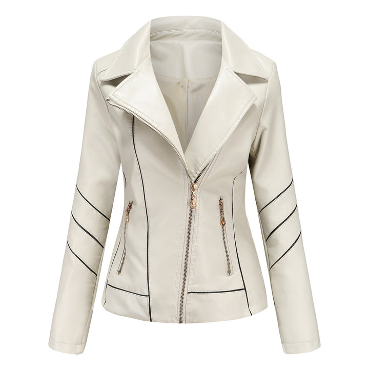 Women's tailored faux leather biker jacket with asymmetrical zipper and decorative seams Mune Fashion