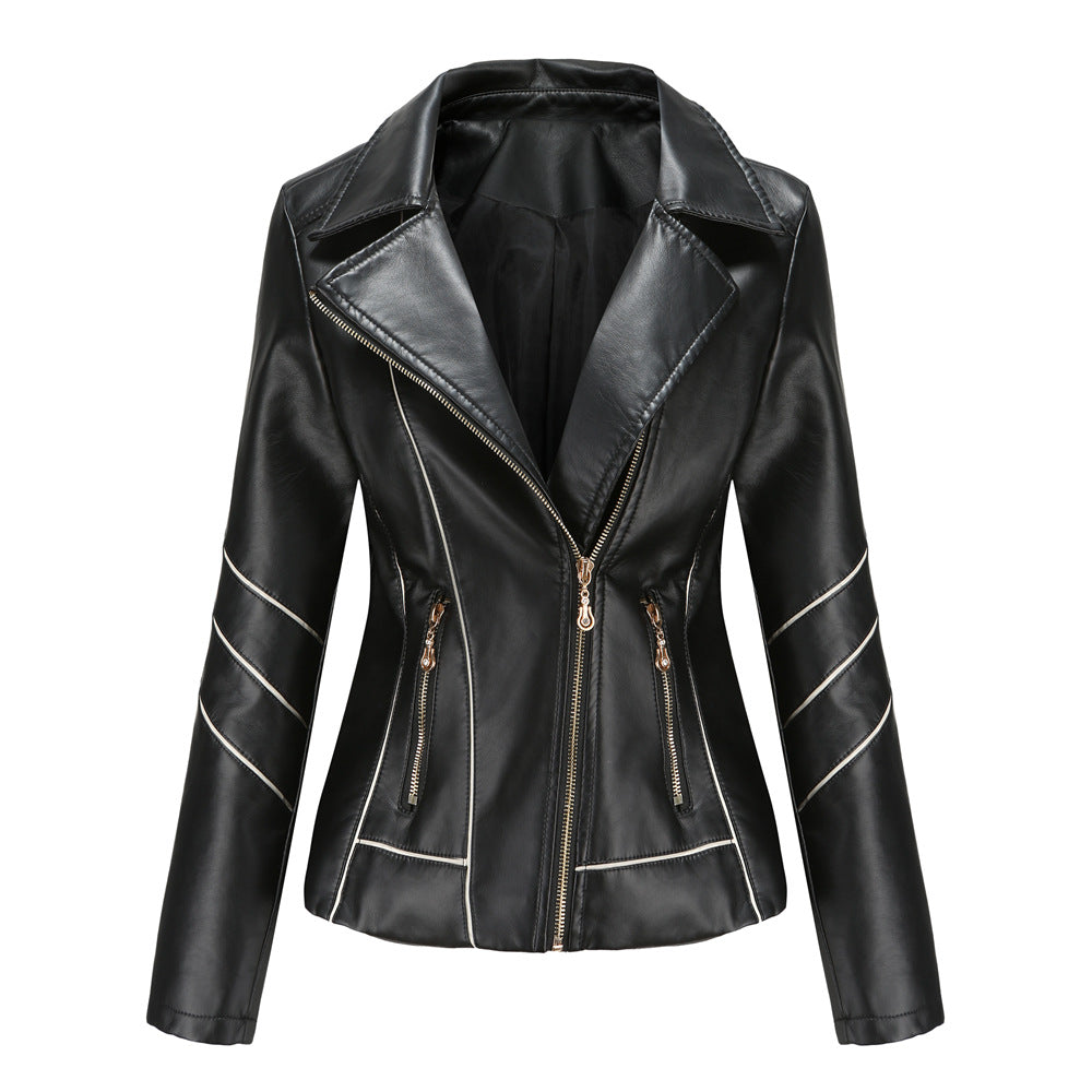 Women's tailored faux leather biker jacket with asymmetrical zipper and decorative seams Mune Fashion