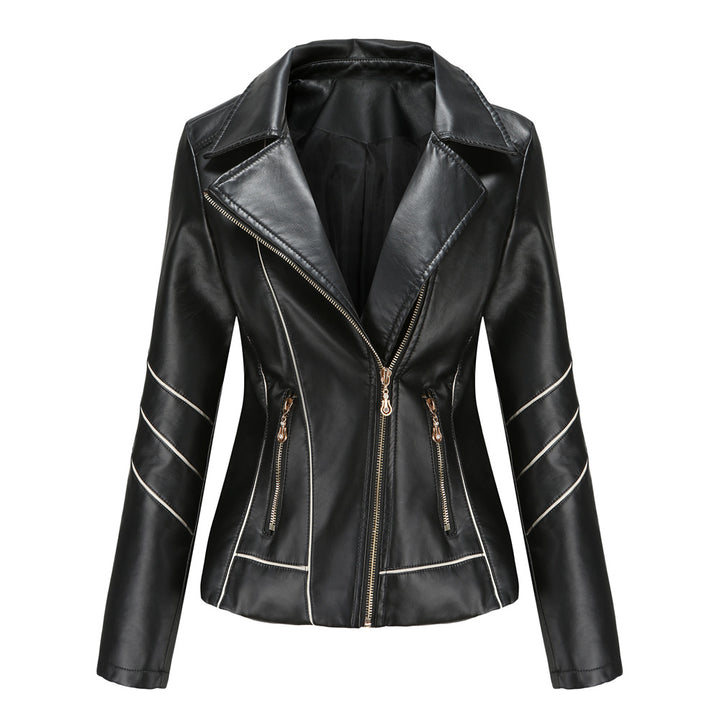 Women's tailored faux leather biker jacket with asymmetrical zipper and decorative seams Mune Fashion