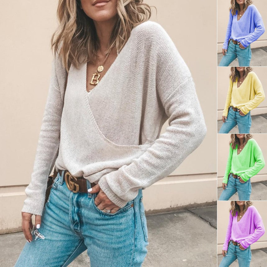 Women's Light Oversized Knit Sweater with Wrap Look and V-Neck Mune Fashion
