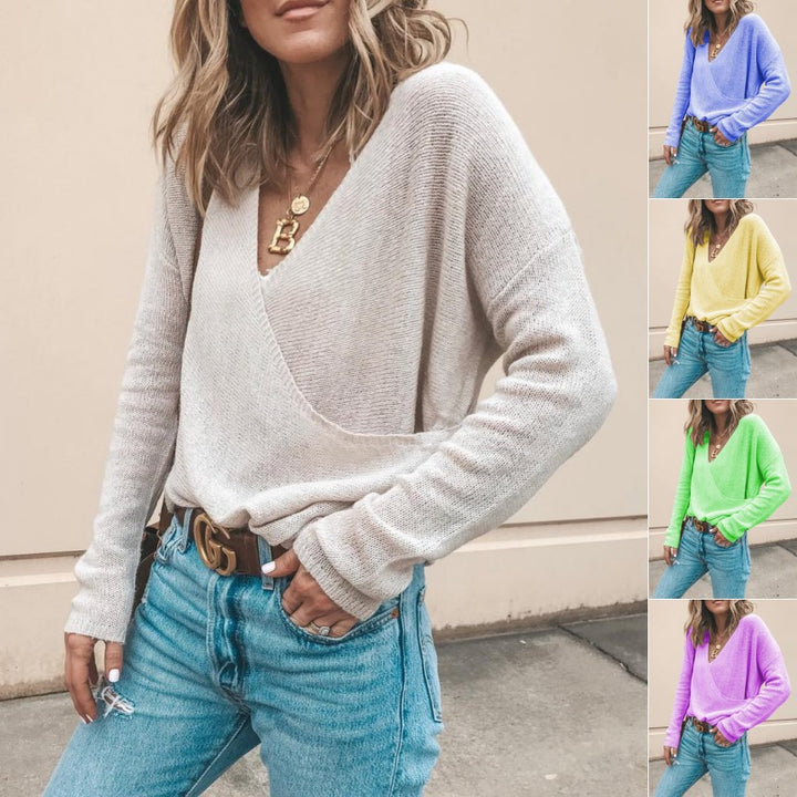Women's Light Oversized Knit Sweater with Wrap Look and V-Neck Mune Fashion